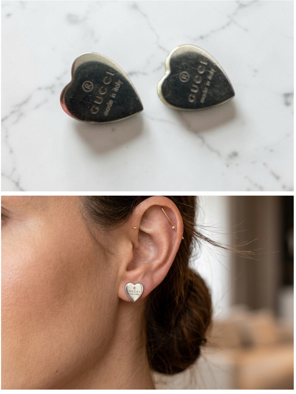 GUCCI Sterling Silver 925 Trademark Heart Stud Earrings